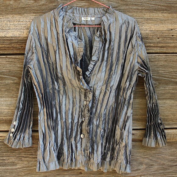 'Agora' silver metallic crinkled rhinestone button down long sleeve top - Picture 1 of 6
